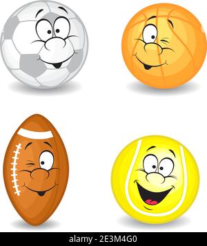 Palline sportive cartoon. Raccolta vettoriale. Isolato su sfondo bianco. Illustrazione Vettoriale