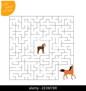 Un gioco per bambini, un labirinto. Aiuta il nemico a raggiungere la madre del cavallo. Illustrazione Vettoriale