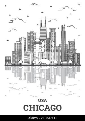 Profilo Chicago Illinois USA City Skyline con edifici moderni e riflessi isolati su bianco. Illustrazione vettoriale. Paesaggio urbano di Chicago Illustrazione Vettoriale