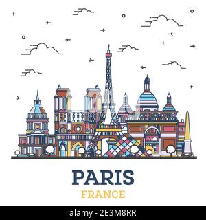 Profilo Parigi France City Skyline con edifici storici colorati isolati su bianco. Illustrazione vettoriale. Parigi con monumenti storici. Illustrazione Vettoriale