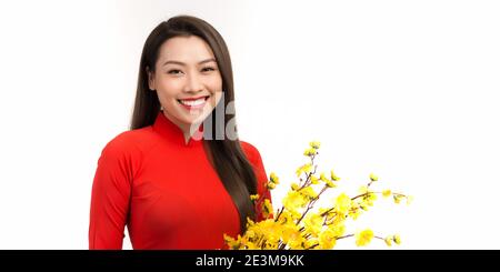 Vietnamita nuovo anno lunare. Le donne indossano la tradizione vietnamita ao dai con l'albero di Hoa mai (Ochna Integerrima) flowerin Tet vacanze. Vietnam Lunar Capodanno in Foto Stock