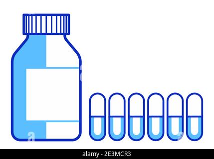 Illustrazione piatta del flacone medico e delle pillole della capsula Illustrazione Vettoriale