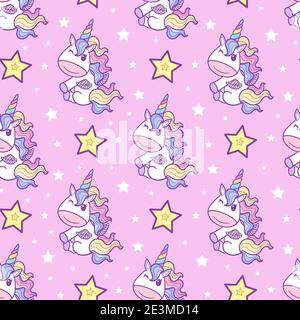 Motivo senza cuciture con unicorno su sfondo rosa. Vettore Illustrazione Vettoriale