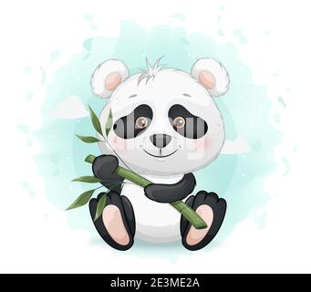 Vettore stock. Carino panda che tiene bambù. Divertente personaggio cartoon. Illustrazione vettoriale Illustrazione Vettoriale