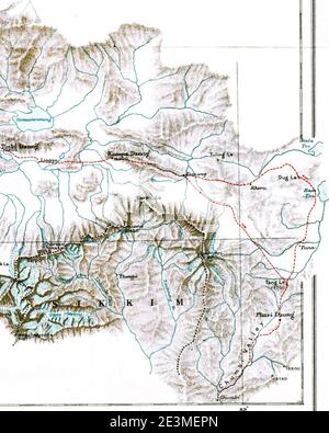 Mappa di Sikkim, Chumbi, Valle Chumbi del Tibet, tonno, Phari Dzong, Kampa Dzong, Tinki Dzong, Tsomo Tretung, Tang la Chorten Nima la e Kanchenjunga, mappa preliminare della spedizione del Monte Everest, 1921. Mappa i (ritagliata). Foto Stock