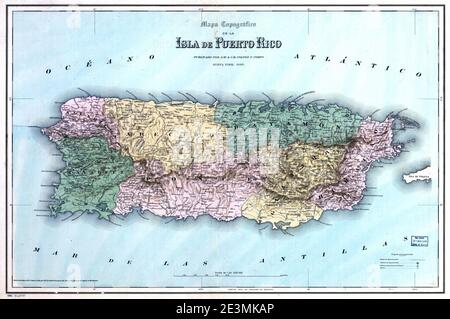 Mapa topográfico de la isla de Puerto Rico retusche. Foto Stock