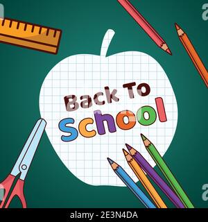 torna a scuola carta scritta mela con forniture illustrazione vettoriale design Illustrazione Vettoriale