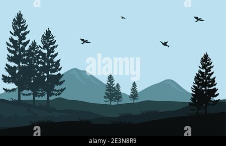 Splendida vista su alberi e montagne all'alba al mattino. Illustrazione vettoriale di una città Illustrazione Vettoriale