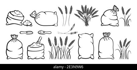 Sacco di farina e orecchie di grano, set di schizzi. Farine di mucchio, raccolta di gittelle di grano. Contorno doodle pane e raccolto agricolo simbolo produzione di farina. Progettazione azienda agricola biologica imballaggio vettore etichetta Illustrazione Vettoriale