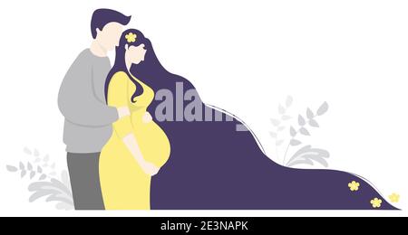 Maternità e famiglia. Una donna incinta felice con i capelli lunghi in un vestito giallo la abbraccia il ventre, accanto a lei un uomo la abbraccia dolcemente. piatto vettoriale Illustrazione Vettoriale