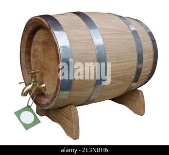 Un nuovo barile in legno di quercia per birra isolato su bianco Foto Stock