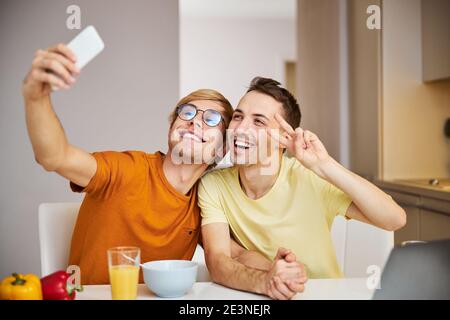 Bella coppia gay facendo selfie a casa Foto Stock