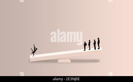 Controllo e gestione di un concetto di sistema aziendale. Persone in equilibrio con diversi concetti - sfondo pulito con spazio di copia Foto Stock
