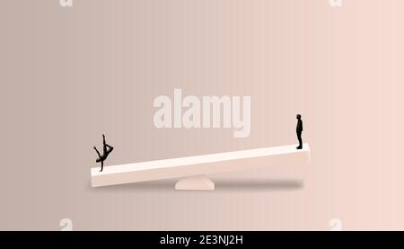 Controllo e gestione di un concetto di sistema aziendale. Persone in equilibrio con diversi concetti - sfondo pulito con spazio di copia Foto Stock