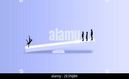 Controllo e gestione di un concetto di sistema aziendale. Persone in equilibrio con diversi concetti - sfondo pulito con spazio di copia Foto Stock