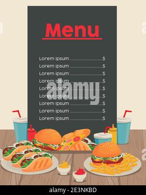 scheda di menu fast food in legno tavolo disegno vettoriale illustrazione Illustrazione Vettoriale