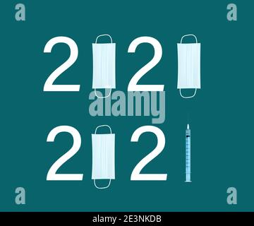 020 news vs 2021 news : maschera facciale alla vaccinazione, al cambiamento, alla transizione e alla trasformazione del mondo. Tendenze Foto Stock