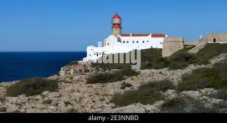 Faro di Cabo de Sao Vicente, Sagres, Vila do Bispo, distretto di Faro, Algarve, Portogallo Foto Stock