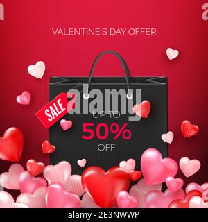 Borse per la spesa nere con offerta di sconto con cuori volanti. Promozione di San Valentino per il negozio. Illustrazione vettoriale Illustrazione Vettoriale