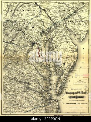 Mappa che mostra la Washington & St. Mary's Railroad e i suoi collegamenti proposti a nord, sud, est e ovest. Foto Stock