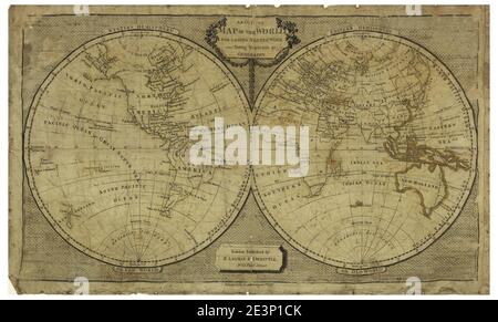 Mappa Sampler, una mappa del mondo per le donne Needlework e giovani studenti di Geografia, 1798 Foto Stock