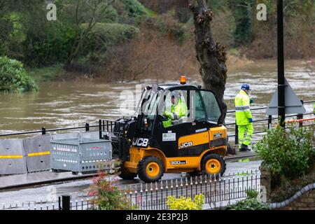 Ironbridge, Shropshire, Regno Unito. 20 gennaio 2020. Mentre Storm Christoph minaccia il Regno Unito con forti piogge e venti, l'Agenzia per l'ambiente sta erigendo barriere alle inondazioni sulle rive del fiume Severn dallo storico Iron Bridge, Shropshire. Il villaggio di Ironbridge è regolarmente sotto alluvione dopo la pioggia pesante cade in Galles. Credit: Peter Lopeman/Alamy Live News Foto Stock