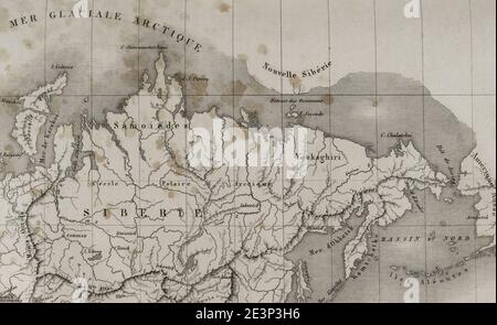 Russia. Mappa di Siberia. Incisione di Lemaitre. Storia della Russia di Jean Marie Chopin (1796-1870). Panorama Universal, edizione spagnola, 1839. Foto Stock