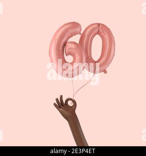 Mano che tiene un pallone festeggiamenti di sessantesimo compleanno in lamina rosa. Rendering 3D Foto Stock