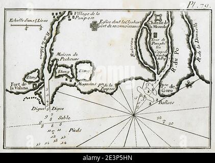 Mappa dello stretto dei fiumi Volana e po, al confine di Ferrara con il Veneto - Roux Joseph - 1804. Foto Stock