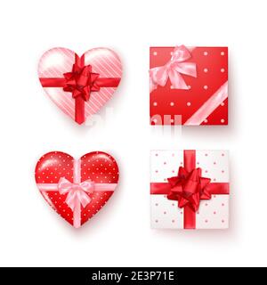 Set di confezioni regalo con archi in seta in stile realistico vista dall'alto. Caselle quadrate e a forma di cuore. Vettore isolato su bianco Illustrazione Vettoriale