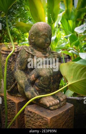 Una statua di Buddha in pietra coperta di licheni accoccolata su colonne di arenaria, in un lussureggiante giardino tropicale con sedimentazione. Foto Stock