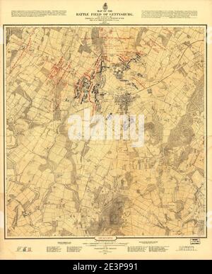 Mappa del campo di battaglia di Gettysburg. 1°, 2°, 3° luglio 1863 Foto Stock