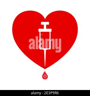 Cuore e siringa con goccia di vaccino. Simbolo della vaccinazione contro covid-19 o della donazione di sangue. Icona vettoriale isolata su sfondo bianco. Illustrazione Vettoriale