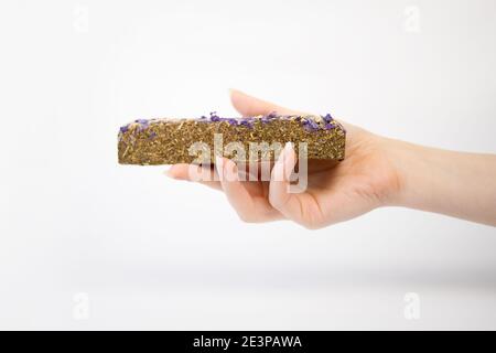 La mano di una femmina contiene un pellet asciutto per l'alimentazione degli animali domestici. Sfondo bianco. Primo piano. Spazio di copia. Il concetto di una dieta equilibrata per gli animali domestici. Foto Stock