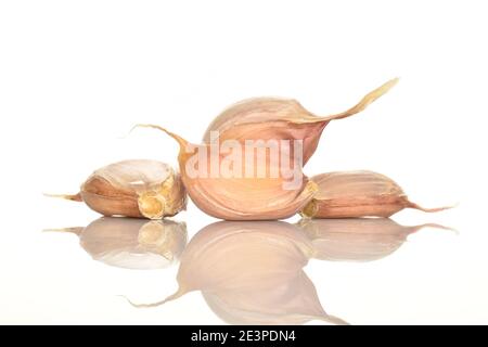 Tre spicchi di aglio fresco e speziato su fondo bianco. Foto Stock