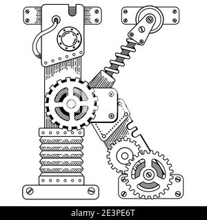 Libro da colorare vettoriale per adulti. Font steampunk. Alfabeto meccanico composto da ingranaggi metallici e vari dettagli su sfondo bianco. Lettera K Illustrazione Vettoriale