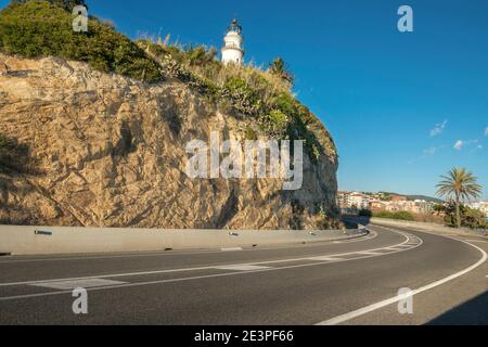 ROUTE N-11 FARO DI CALELLA (© MARIA PARELLADA 1859) CALELLA COSTA DEL MARESME CATALOGNA SPAGNA Foto Stock