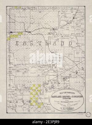 Mappa delle contee di Eastland, Brown e Comanche - che mostra le terre del Texas e del Pacifico R'y Co. In colore giallo Foto Stock