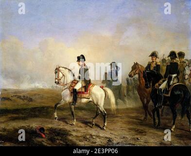 Napoleone Bonaparte i a cavallo sul campo di battaglia con il suo bastone, ritratto equestre dipinto da Horace Vernet 1810-1850 Foto Stock