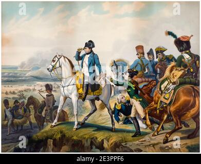 Napoleone Bonaparte i a cavallo nella Battaglia di Wagram (5-6 luglio 1809), litografia di Horace Vernet, 1840 Foto Stock