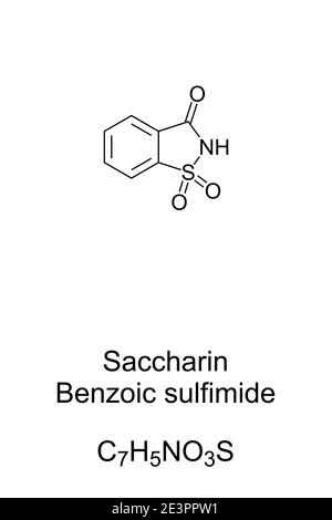 Saccarina, solfimide benzoica, formula chimica e struttura scheletrica. Dolcificante artificiale senza energia alimentare. Codice 954. Foto Stock