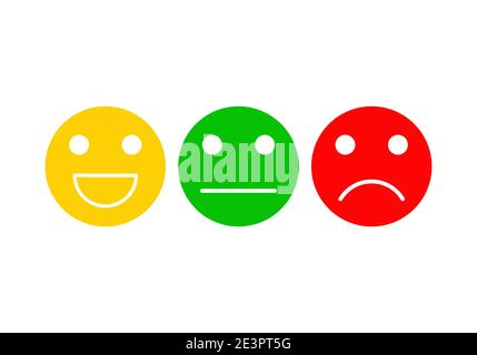 Set di emoticon di base. Tre espressioni facciali per il feedback: Positivo, neutro e negativo. Simbolo del livello di soddisfazione del cliente. Illustrazione vettoriale i Illustrazione Vettoriale
