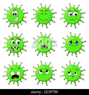 Coronavirus personaggio che mostra preoccupazione e paura espressione. Cartoon set di virus stressato mascotte con diverse emozioni viso come nervoso, confuso. Ve Illustrazione Vettoriale