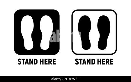 Stand here icona di distanza sociale. Attenda qui l'adesivo di disegno del segno dei piedi Illustrazione Vettoriale