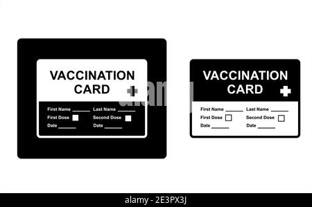 Icone della carta di vaccinazione su sfondo bianco e nero. Illustrazione vettoriale dei documenti di vaccinazione per la protezione e l'assistenza sanitaria preventiva. Illustrazione Vettoriale