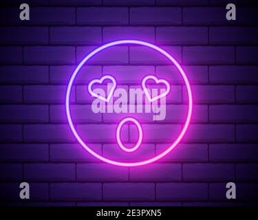 Illustrazione al neon di emoji in amore. Icona vettoriale di fumetto emoji inamorato con occhi al cuore e sorriso in stile neon profilo. Emoticon incandescente con la schiena Illustrazione Vettoriale