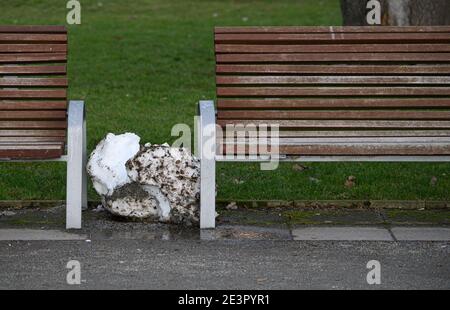 Dresda, Germania. 20 gennaio 2021. Un cumulo di neve che si scioglie si trova sulle rive dell'Elba tra due panche. Credit: Robert Michael/dpa-Zentralbild/dpa/Alamy Live News Foto Stock