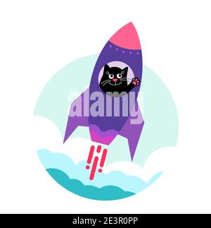 Spazio gatto. Felice carino gatto decollo su uno spazio razzo su. Design piatto. Carino personaggio cartoon. Illustrazione vettoriale isolata su sfondo bianco. Illustrazione Vettoriale