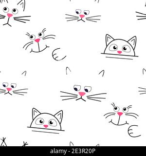 Simpatico motivo di museruola gattino. Motivo senza cuciture su sfondo bianco. Utilizzare per lo sfondo o la stampa su tessuto. Illustrazione di cartoni animati vettoriali. Illustrazione Vettoriale