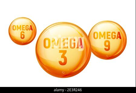 Olio di vitamina grassa Omega 3. Acido grasso capsula oro olio di pesce omega 3, 6, 9 Illustrazione Vettoriale